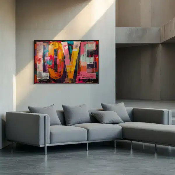 IMG_9402 Modern living room with gray sofa and vibrant LOVE abstract art on wall. Cozy, stylish interior design. | Sky Rye Design Modern living room with gray sofa and vibrant LOVE abstract art on wall. Cozy, stylish interior design.
