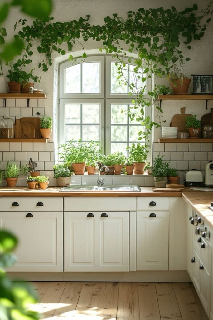 Bright kitchen with white cabinets, wooden countertops, and lush green plants on shelves and windowsill.
