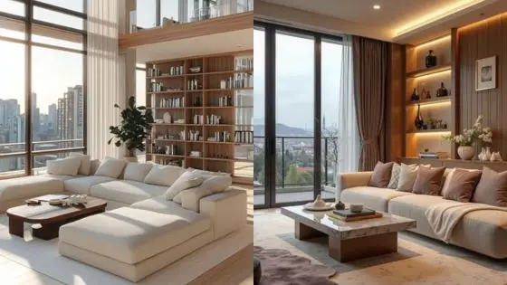 Interior Design Themes Modern luxury living rooms with large windows, elegant sofas, and stylish decor in cozy, bright settings. | Sky Rye Design Modern luxury living rooms with large windows, elegant sofas, and stylish decor in cozy, bright settings.