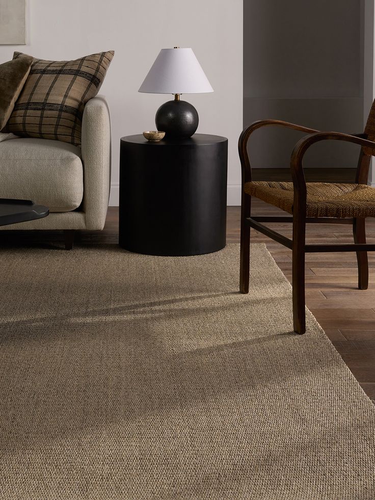Cozy living room with plaid pillows, black side table, modern lamp, and woven chair on a textured beige rug.