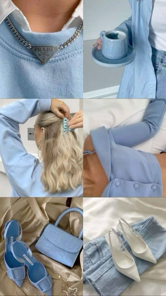 Collage of pastel blue fashion items: sweater, necklace, cup, hair clip, coat, shoes, bag, and jeans on beige and white.