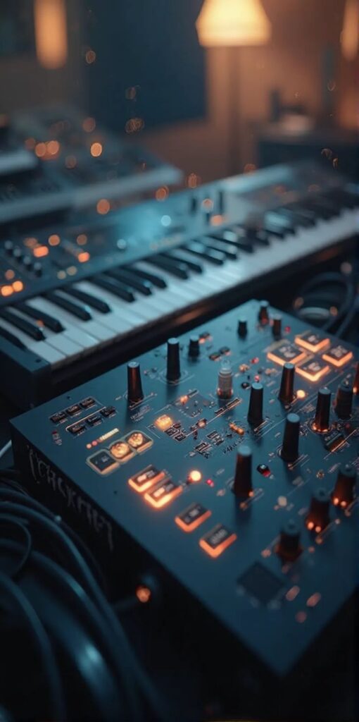 Electronic music setup with illuminated synthesizer and keyboard in a dimly lit studio environment.