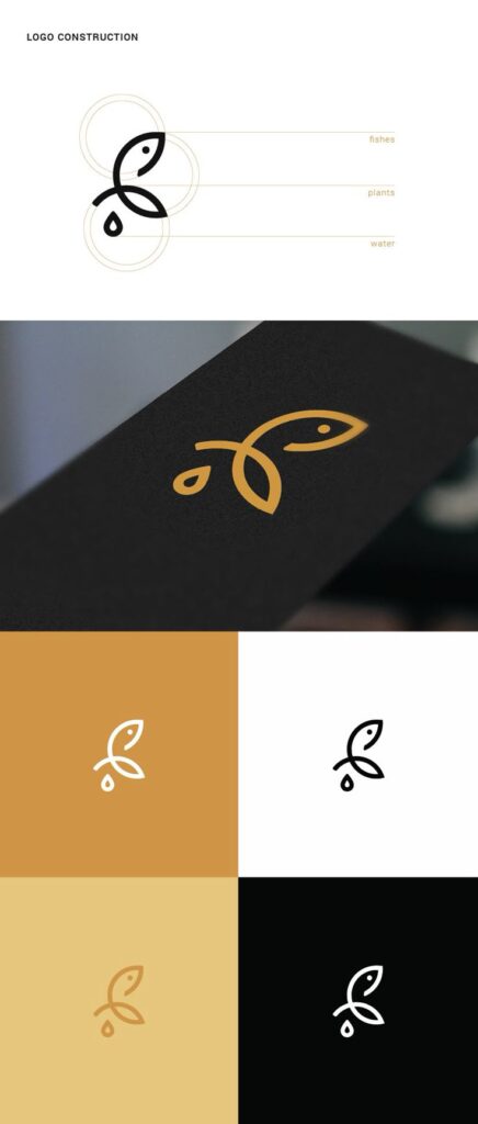 Minimalist logo design featuring fish, plant, and water elements in black, gold, and white variations.