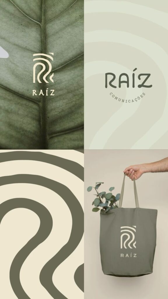 Raíz branding design featuring a leaf pattern, wavy lines, and a tote bag with eucalyptus.