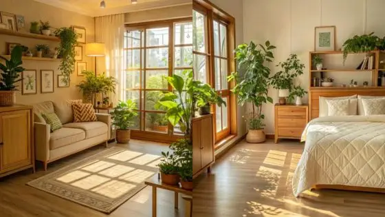 Little Fixes Lasting Peace Modern living and bedroom interiors with wooden furniture, large windows, and abundant green plants. | Sky Rye Design Modern living and bedroom interiors with wooden furniture, large windows, and abundant green plants.