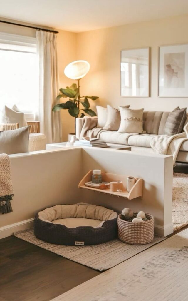 LivingRoomDecor DogCornerIdeas CozyLivingRoom Modern living room with cozy neutral decor, dog bed, and elegant furniture. Bright and inviting interior design. | Sky Rye Design Modern living room with cozy neutral decor, dog bed, and elegant furniture. Bright and inviting interior design.