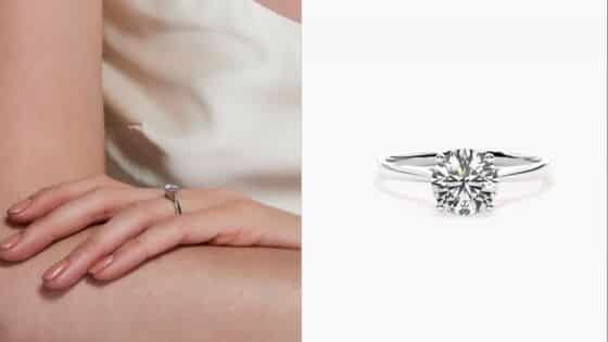 Making a Sparkling Statement in Fashion With Diamond Rings Close-up of woman's hand wearing an elegant solitaire diamond ring next to a detailed image of the ring itself. | Sky Rye Design Close-up of woman's hand wearing an elegant solitaire diamond ring next to a detailed image of the ring itself.