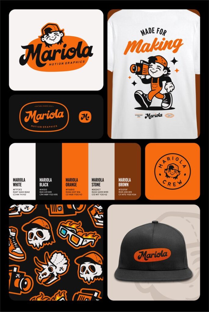 Mariola Motion Graphics branding: T-shirt, color palette, logos, and cap design in black, orange, and white theme.