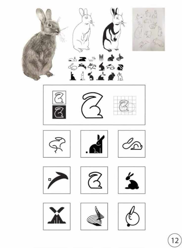 Rabbit illustration evolution with sketches, abstract logos, and design variations in a grid layout.