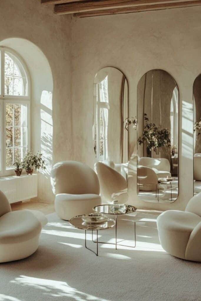 Modern minimalist living room with arched mirrors, soft seating, and natural light. Elegant interior design.