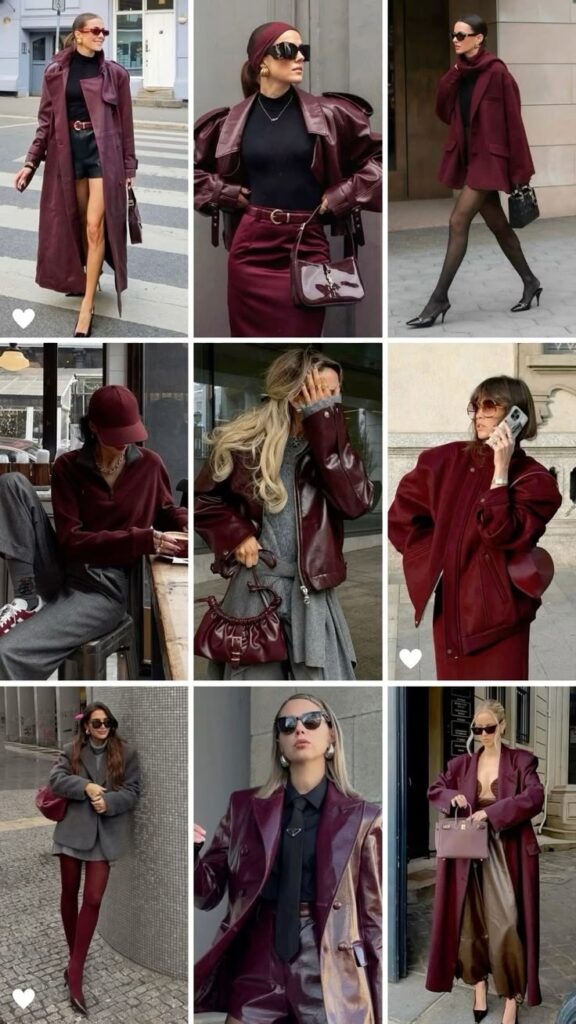 Fashionable women in stylish burgundy and gray outfits, showcasing chic fall and winter trends.