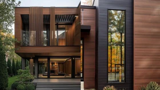 Mixing Siding With Other Materials For Unique Aesthetics Modern wooden house exterior with large windows and lush greenery. | Sky Rye Design Modern wooden house exterior with large windows and lush greenery.