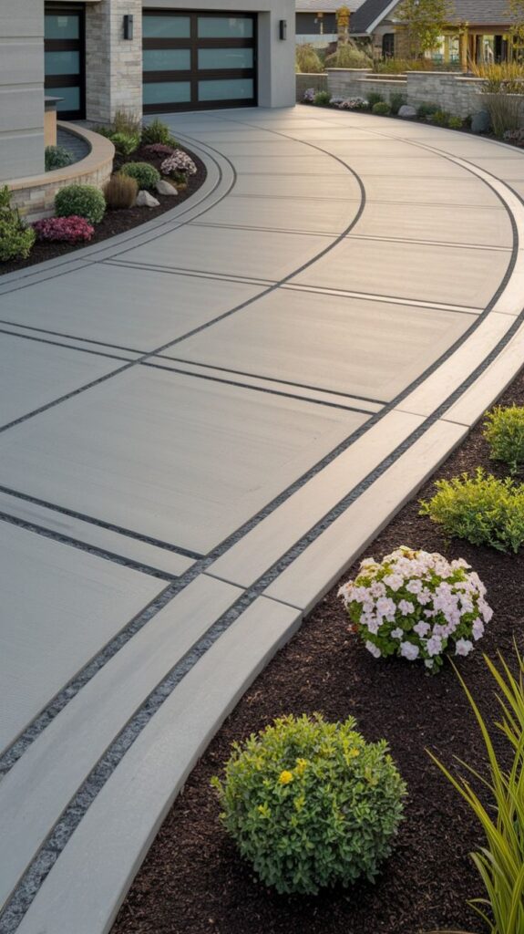 Modern curved driveway with fresh landscaping and sleek garage doors, enhancing curb appeal.