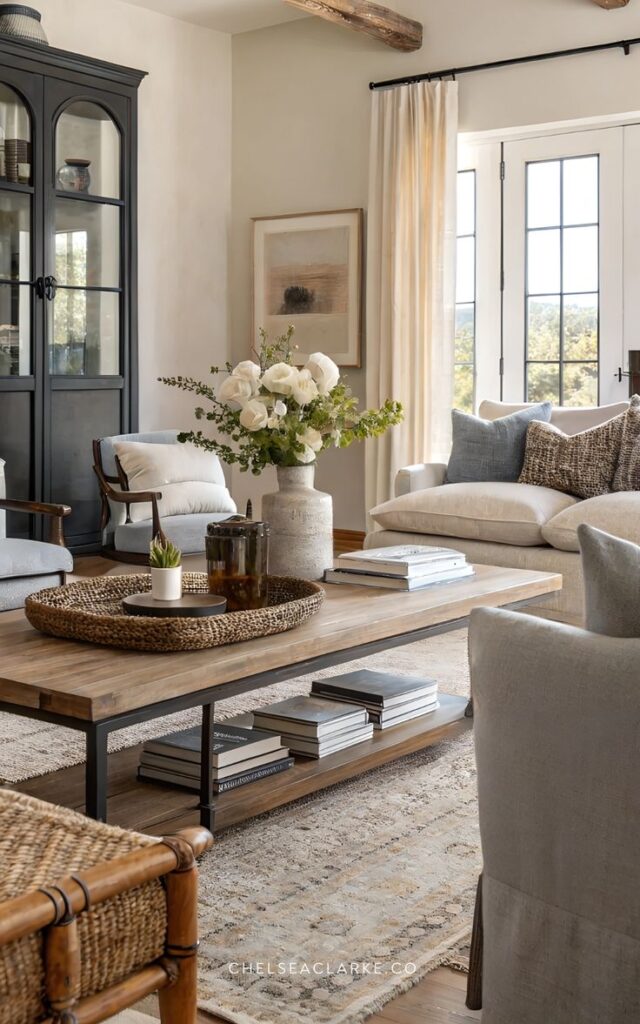 Cozy living room with neutral decor, large windows, comfy sofas, and a wooden coffee table adorned with books and flowers.