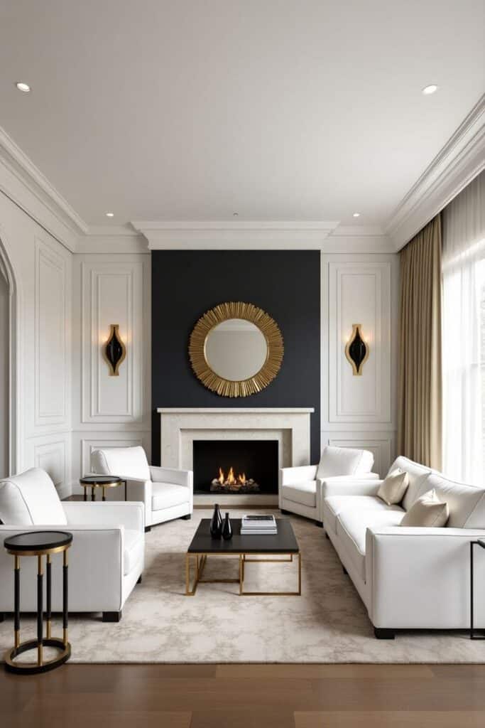 _Modern Glam Living Room with Black White Elegance + Gold Accents ✨🔥_ Modern living room with white sofas, a fireplace, and gold accents under a round mirror on a black feature wall. | Sky Rye Design Modern living room with white sofas, a fireplace, and gold accents under a round mirror on a black feature wall.