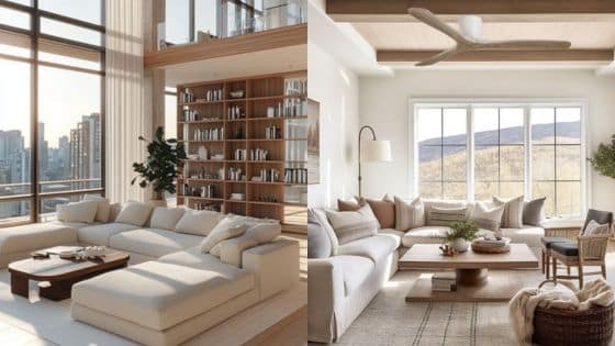 Modern apartment decor inspiration Modern living room interiors with large windows, cozy sofas, and elegant decor. Bright natural lighting enhances the space. | Sky Rye Design Modern living room interiors with large windows, cozy sofas, and elegant decor. Bright natural lighting enhances the space.