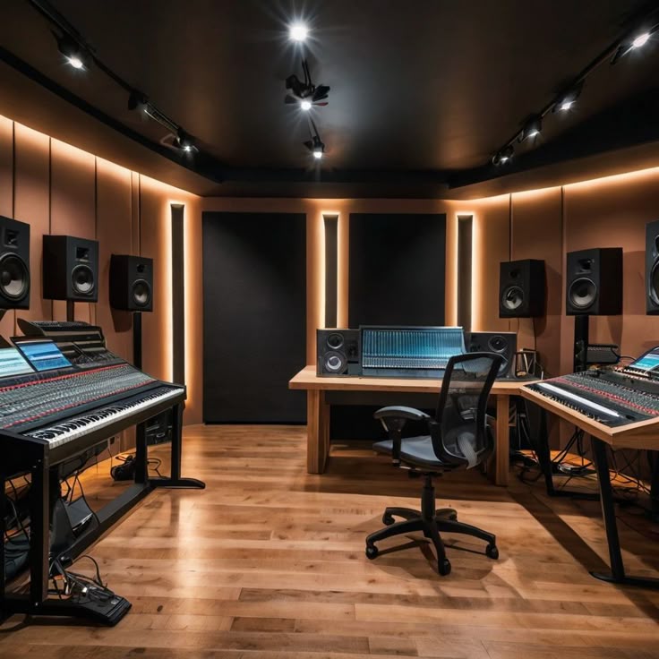 Modern recording studio with professional audio equipment, mixing consoles, and acoustic panels, designed for music production.