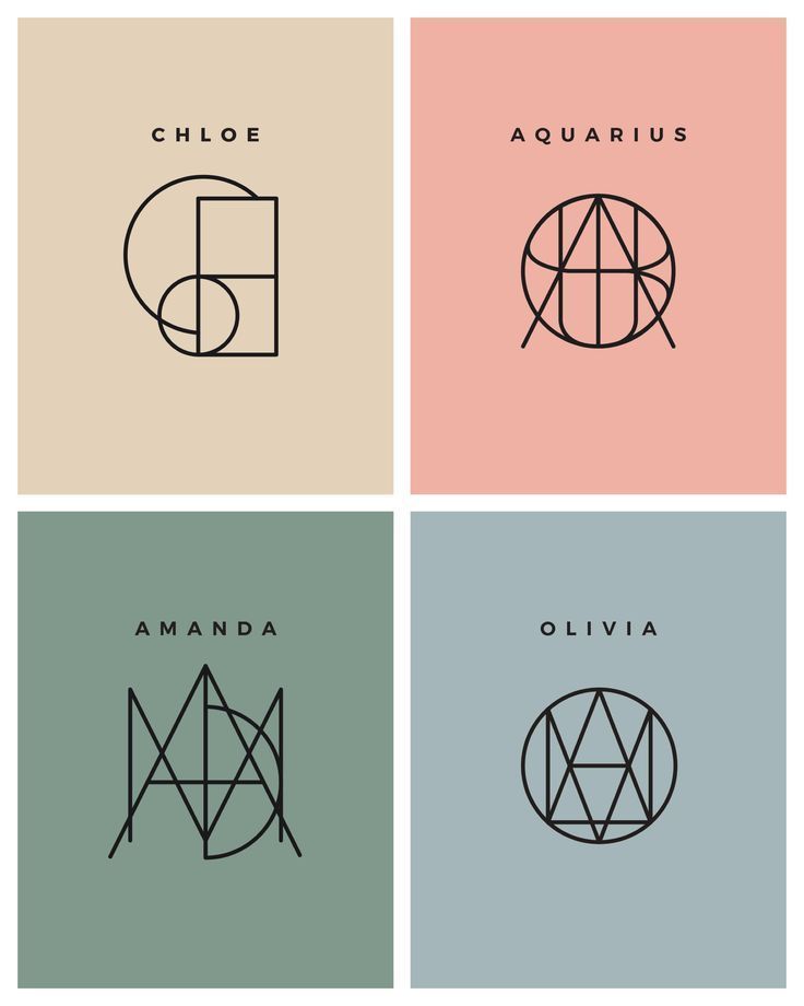Geometric design posters with names: Chloe, Aquarius, Amanda, Olivia, in pastel colors and minimalist style.
