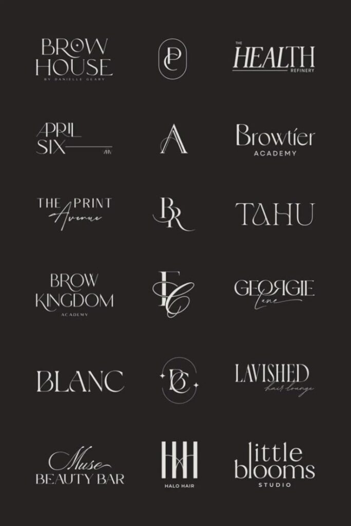 Collection of stylish salon and beauty brand logos on a black background, showcasing various elegant designs.