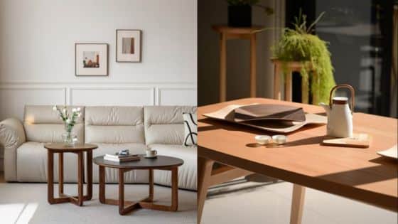 Oak Furniture Collection Enduring Craftsmanship Stylish Design Modern living room with beige sofa, wooden tables, and decor elements, creating a cozy and minimalist atmosphere. | Sky Rye Design Modern living room with beige sofa, wooden tables, and decor elements, creating a cozy and minimalist atmosphere.