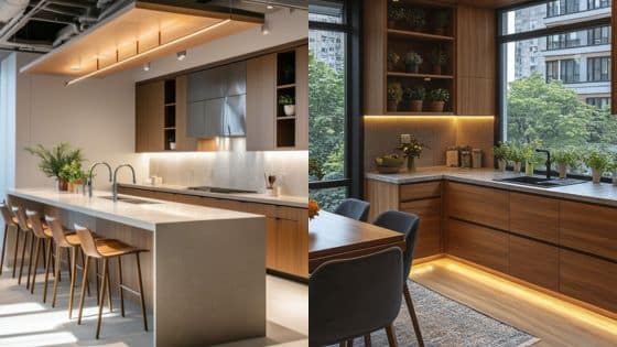 Office Kitchens and Utility Areas Modern kitchens with sleek designs featuring wood cabinetry, ambient lighting, and bar seating in urban settings. | Sky Rye Design Modern kitchens with sleek designs featuring wood cabinetry, ambient lighting, and bar seating in urban settings.