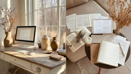 Online Courses Or Traditional Education Cozy home office with computer, books, and coffee on a wooden desk by large windows. Warm sunlight and dried plants decorate. | Sky Rye Design Cozy home office with computer, books, and coffee on a wooden desk by large windows. Warm sunlight and dried plants decorate.