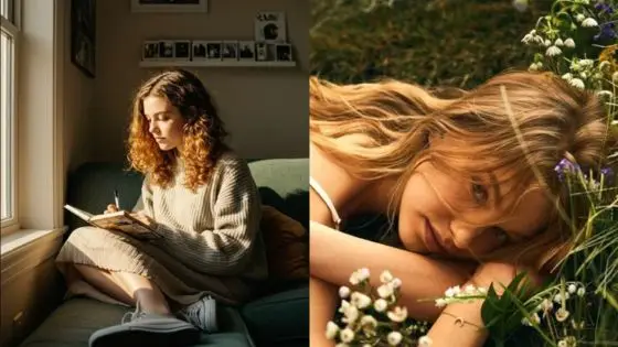 Photography Hacks for Content Creators Simple Tips to Level Up Woman writing in journal by window; another woman lying in grass surrounded by wildflowers. | Sky Rye Design Woman writing in journal by window; another woman lying in grass surrounded by wildflowers.