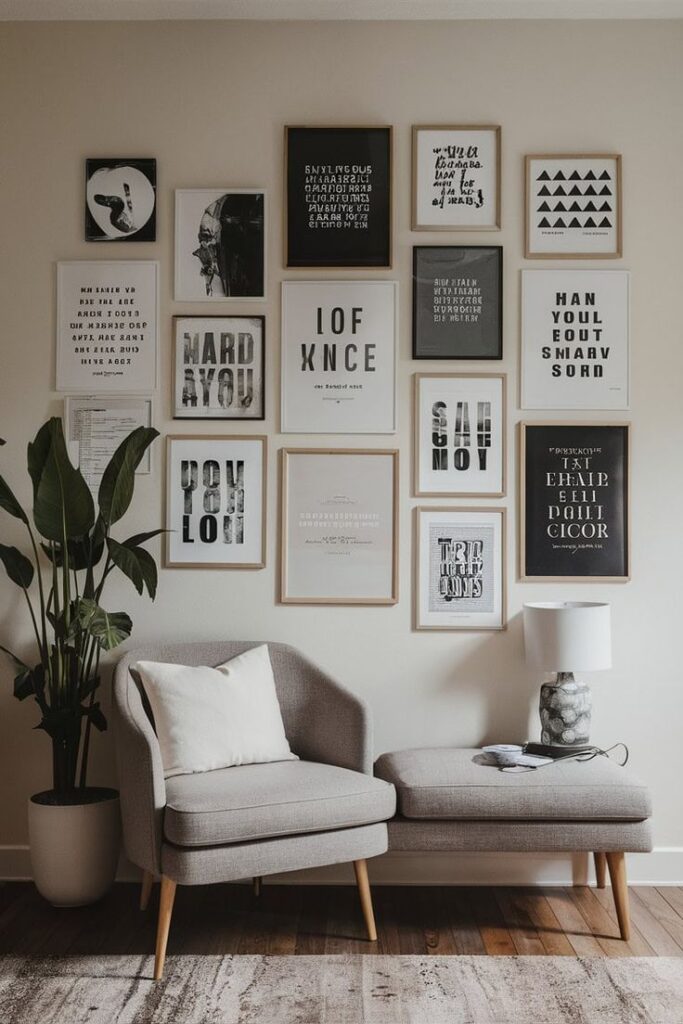 Stylish living room with a gray armchair, potted plant, and framed typography art on wall above cozy seating bench.