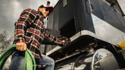 Man in plaid shirt with green rope climbing a black truck under cloudy skies.