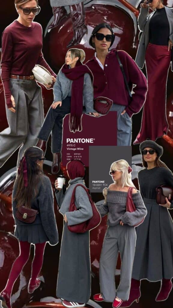 Fashion collage: stylish outfits in burgundy and grey, featuring Pantone shades Vintage Wine and Asphalt.