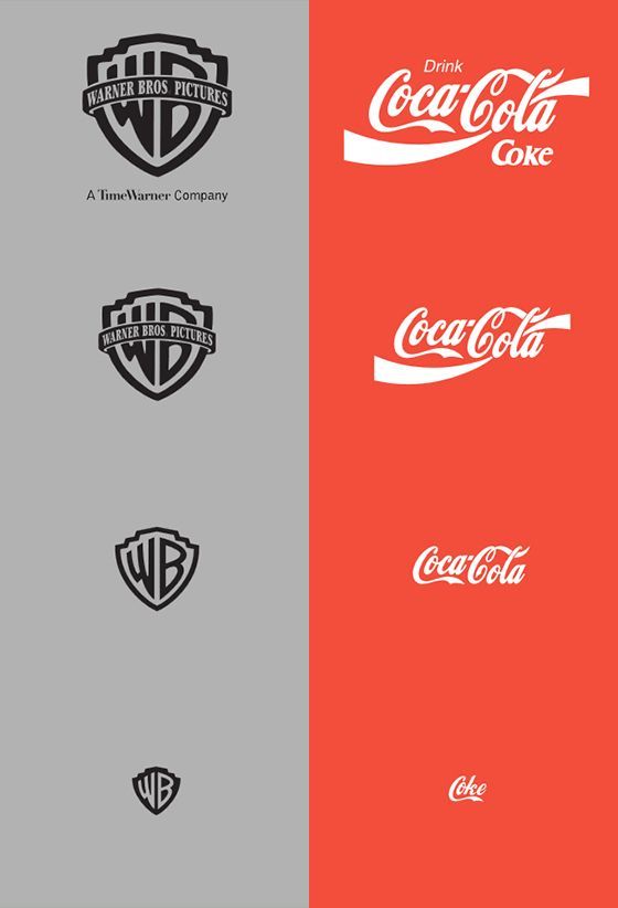Comparison of Warner Bros and Coca-Cola logos showing evolution and design differences on gray and red backgrounds.