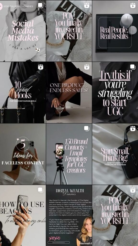 SOCIAL MEDIA STRATEGIST_MANAGER💗 Collage of social media strategy tips, UGC ideas, and digital marketing guidance from Digital Wealth Diaries. | Sky Rye Design Collage of social media strategy tips, UGC ideas, and digital marketing guidance from Digital Wealth Diaries.
