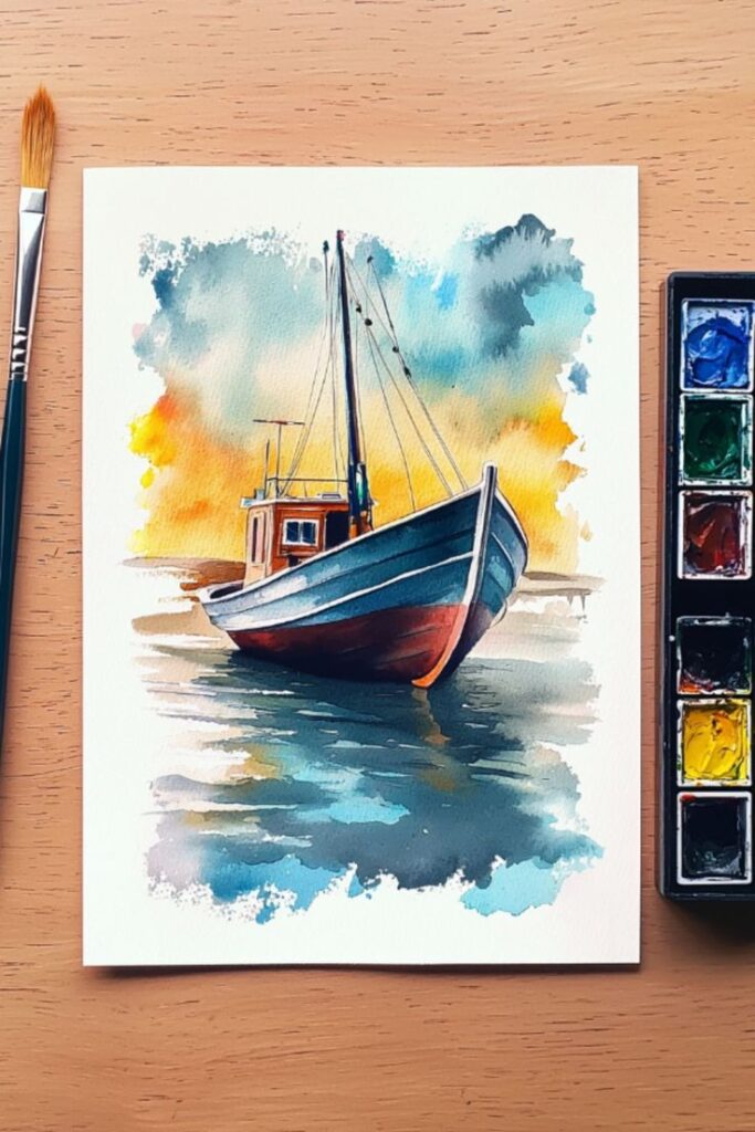 Watercolor painting of a boat on calm waters with a paintbrush and colorful palette nearby.