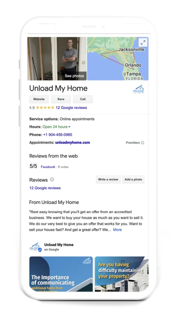 Unload My Home service page with reviews and contact details on smartphone screen.