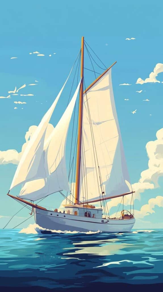 Illustrated sailboat on blue ocean, white sails full, beneath clear sky and scattered clouds.