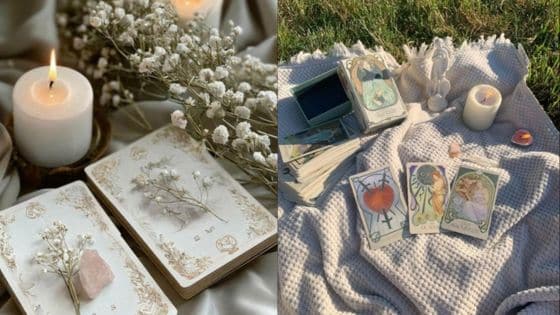 Should Explore Tarot Reading Tarot cards on a blanket with candle and flowers, creating a serene reading setup in nature. | Sky Rye Design Tarot cards on a blanket with candle and flowers, creating a serene reading setup in nature.