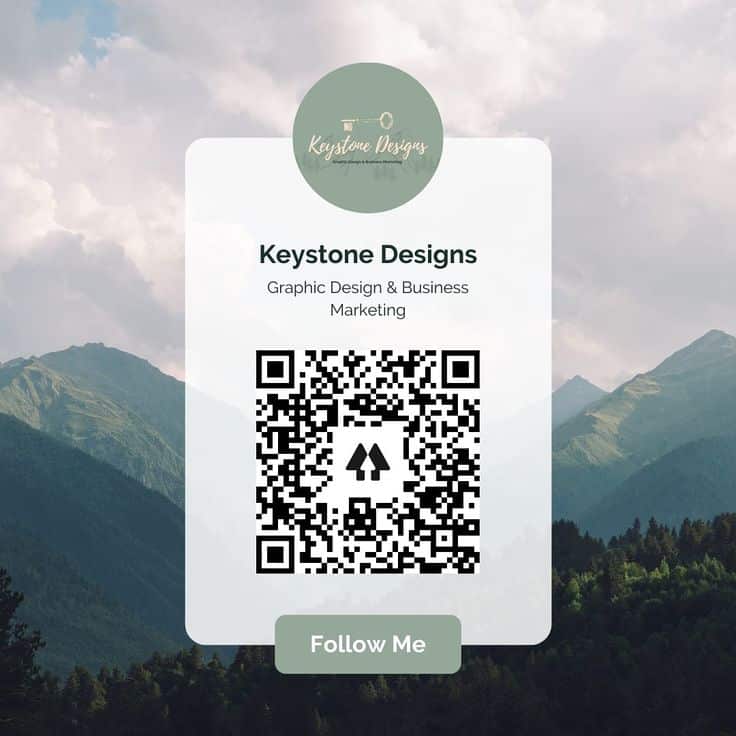 QR code for Keystone Designs graphic design services over mountain landscape background. Follow us online.