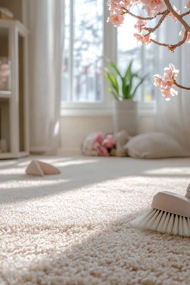 Cozy living room with soft carpet, brush, and cherry blossom branch by window; bright, serene interior space.