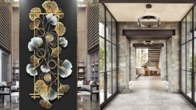 Elegant wall art with gold leaf design next to a modern, stone-walled hallway with natural light.