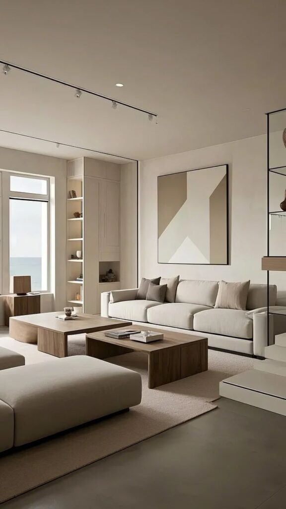 Minimalist living room with beige sofas, wooden coffee table, and abstract wall art. Natural light from large window.
