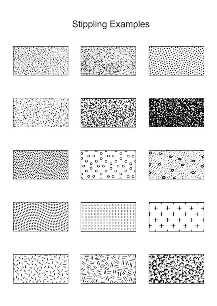 Fifteen stippling pattern examples showcasing diverse dot densities and formations for artistic texture inspiration.