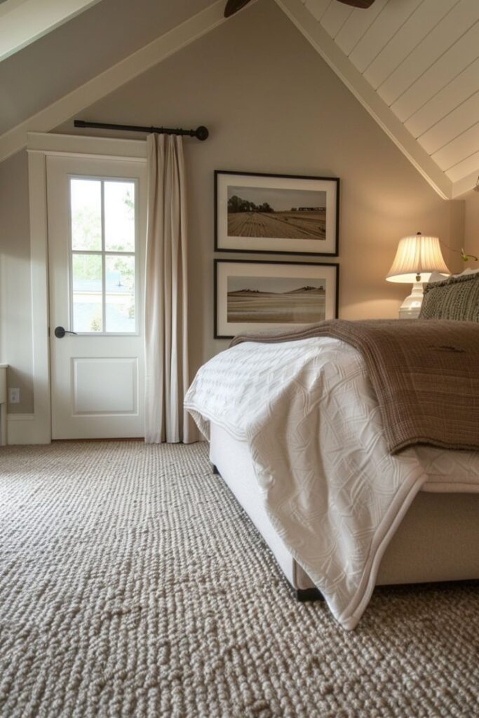 Cozy bedroom with elegant decor, featuring a large bed, soft lighting, and framed landscape art on a taupe wall.