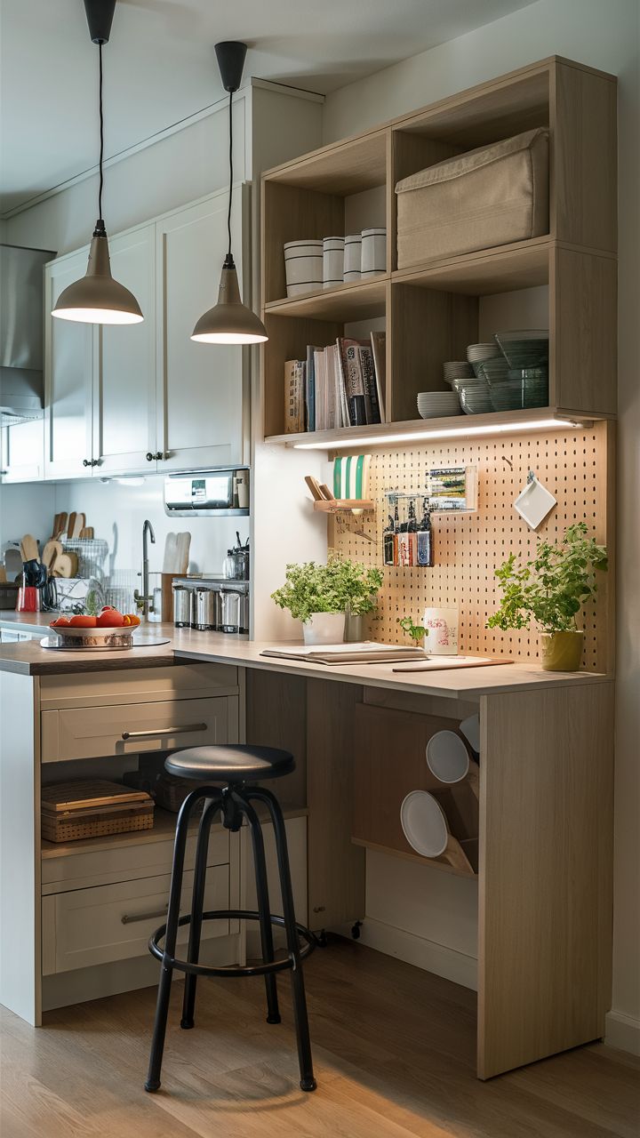 Modern kitchen corner with pegboard storage, herbs, books, and a black stool under pendant lights.