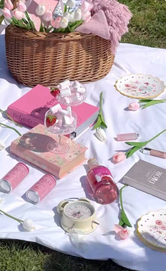 Picnic setup with pink books, floral plates, tulips, and drinks on a white blanket in a garden setting.