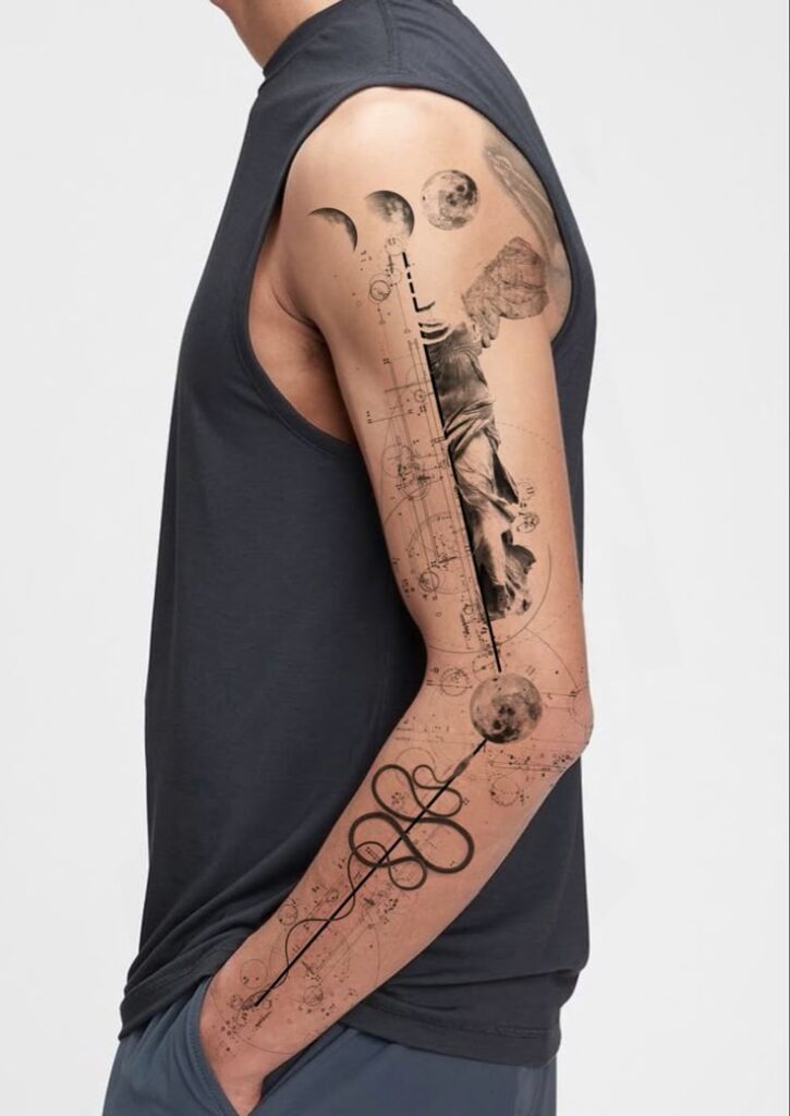 Geometric tattoo on arm with moon phases and statue design in sleeveless shirt.