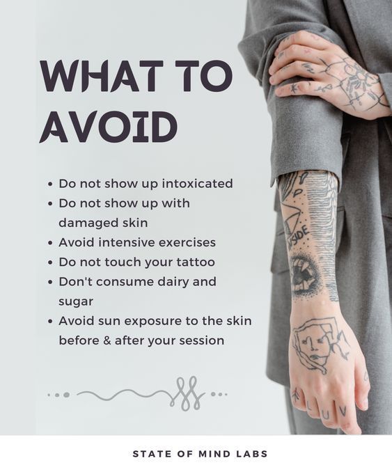Tattoo aftercare tips: Avoid alcohol, damaged skin, exercise, dairy, sugar, and sun exposure pre and post-session.