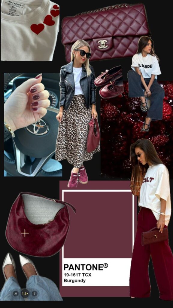 Tendência Burgundy Fashion collage featuring burgundy and leopard prints, leather jackets, and accessories inspired by Pantone 19-1617 TCX. | Sky Rye Design Fashion collage featuring burgundy and leopard prints, leather jackets, and accessories inspired by Pantone 19-1617 TCX.