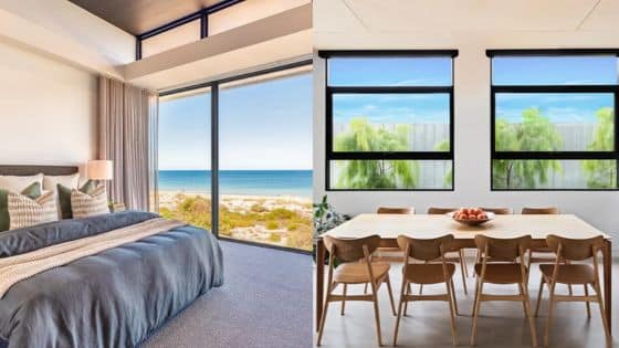 The Advantages of Choosing Custom Windows Modern coastal bedroom with ocean views and stylish dining area with large windows overlooking greenery. | Sky Rye Design Modern coastal bedroom with ocean views and stylish dining area with large windows overlooking greenery.