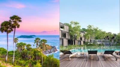 Scenic tropical beach at sunset and luxurious resort with poolside loungers and greenery for a relaxing vacation.