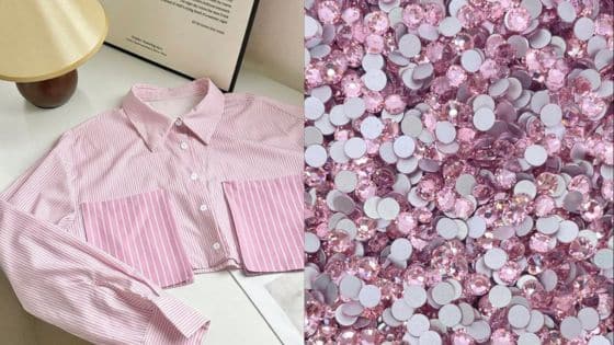 The Custom Clothing Trend Thats Actually Worth Trying Pink striped shirt next to a pile of pink crystals, blending fashion and sparkle in complementary pink hues. | Sky Rye Design Pink striped shirt next to a pile of pink crystals, blending fashion and sparkle in complementary pink hues.